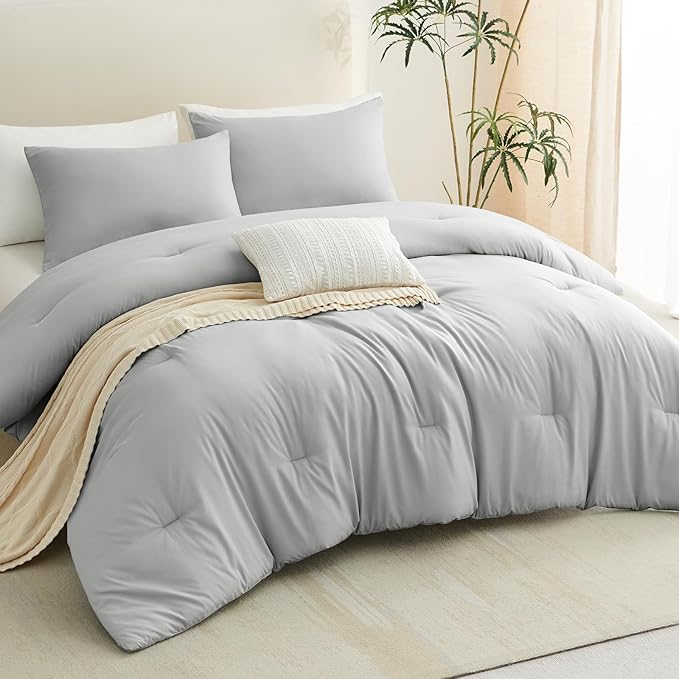 CozyLux King Size Comforter Set Light Grey, 3 Pieces Solid Comforters King Size Breathable Bedding Sets, Light Gray Luxury Soft Lightweight Bed Set with Down Alternative Comforter and 2 Pillowcases