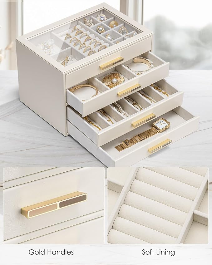 VLANDO 4 Layer Jewelry Box for Women, Glass Lid Jewelry Organizer with 4 Drawers for Necklaces Rings Earrings Bracelets - Cloud White - Image 6