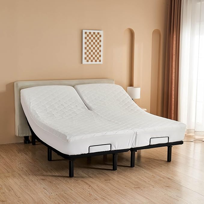 Kingnex Cotton Waterproof Split Top King Mattress Protector for Ajdustable Bed with Upper Flex 32-34 from Head Soft Micorfiber Padded Fitted Quilted Mattress Topper Pad