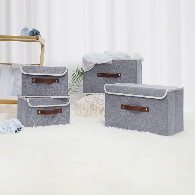 ANMINY Storage Bin with Lid Storage Boxes with PU Leather Handles PP Plastic Board Decorative Foldable Lidded Cotton Linen Fabric Home Cubes Baskets Closet Organizer Container - Gray, Medium - Image 8