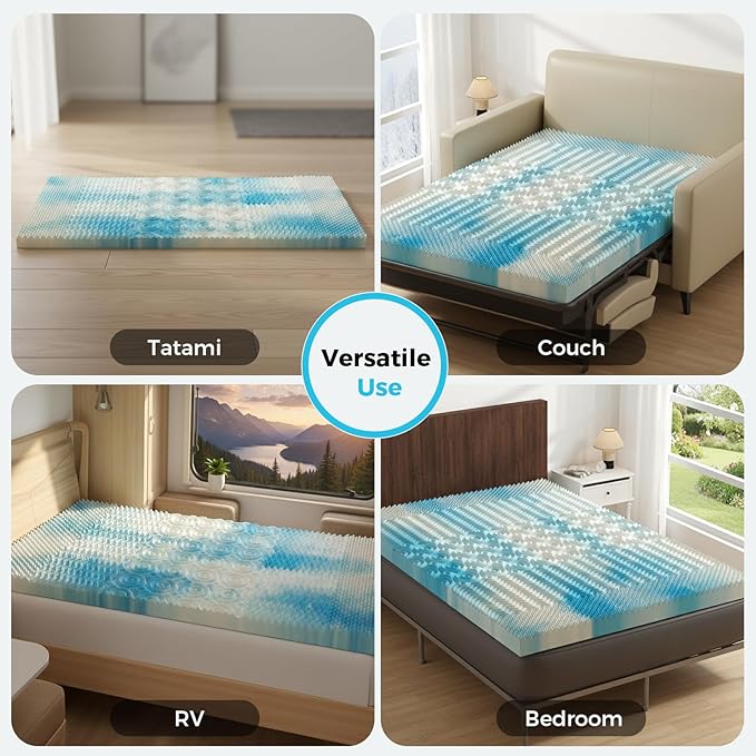 DUMOS 2 Inch Memory Foam Mattress Topper Full, 5-Zone Cooling Gel Infused Pressure Relief Bed Topper for Back & Hip Pain, Soft Dorm RV Camping Mattress Pad, Blue