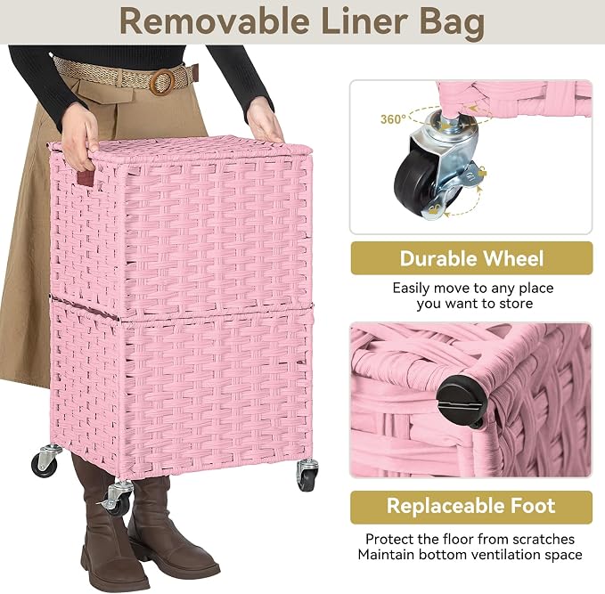 Chrislley 90L Slim Laundry Hamper with Wheels, Rolling Laundry Basket with Lid and Renovable Liner Bag, Handwoven Rattan Organizer for bedroom, bathroom, laundry room (Pink) - Image 6