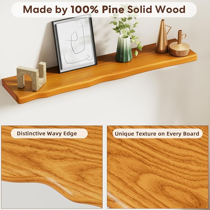 Floating Shelves for Wall Rustic Farmhouse 48 Inch Floating Shelf Bathroom Wooden Shelves for Wall Mounted Live Edge Pine Shelf with Unique Natural Grain for Living Room Bedroom Kitchen (Honey Walnut) - Image 8