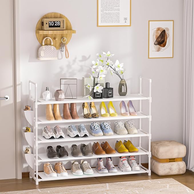 OYREL 5 Tier Shoe Organizer, 33.3in Wide x 11.2in Deep x 35.6in Tall, Black Metal and Plastic Shoe Rack with Side Bag, Holds 20-25 Pairs of Shoes - Image 9