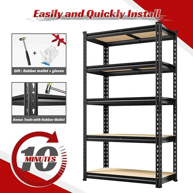REIBII Set of 2 Storage Shelves 5 Tier Garage Shelving Heavy Duty Metal Shelving 2000LBS Garage Shelves Adjustable Metal Shelf for Kitchen Warehouse Pantry Commercial Use 27.6" Wx11.8 Dx60 H - Image 9