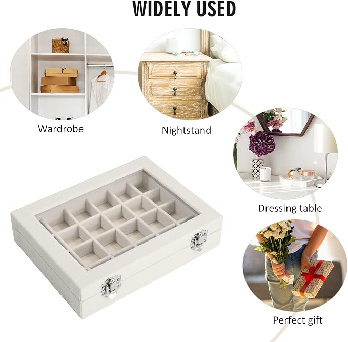 Vicoter Velvet Jewelry Box 24 Grid Jewelry Ring Display Organiser Box Tray Holder Earrings Storage Case for Girls Wife Mom Women (Beige) - Image 6