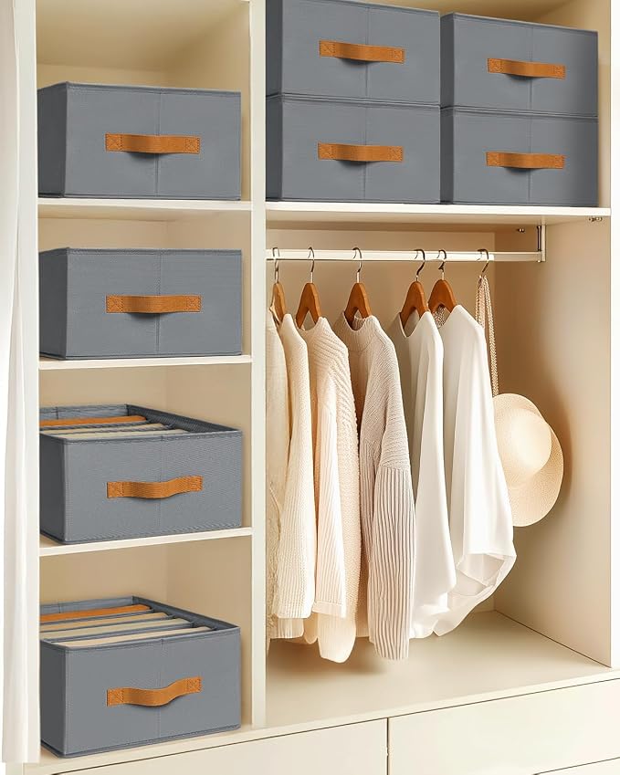 Homsorout Clothes Organizers and Storage - 4/5/7 Grids Fabric Jeans Organizer with Handles, Foldable Closet Organizers Dividers, Wardrobe organizer for Pant, Sweater, T-shirt, Scarf, 6 Pack, Pale Grey - Image 8