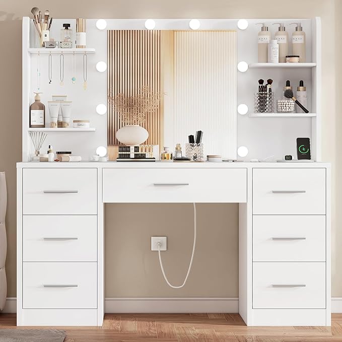 FIONESO Vanity Desk with LED Light Mirror & Power Outlet, 3 Adjustable Light Color, Makeup Vanity with 7 Drawers, 4 Shelves, 5 Jewel Hooks, White Vanity for Bedroom, Girls Vanity