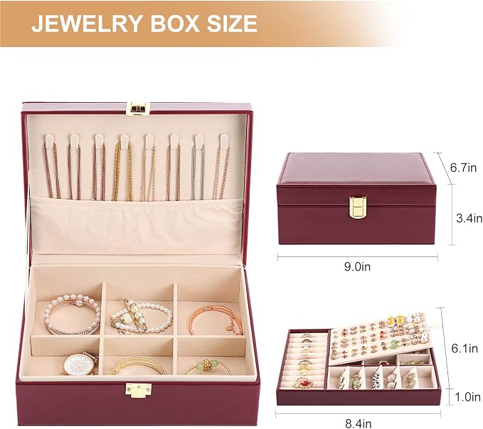 Jewelry Boxes for Women Girls PU Leather Jewelry Organizer Box 2 Layer Large Jewelry Storage Case Removable Tray for Necklace Earring Ring with Polishing Cloth and Jewelry Bags - Image 6
