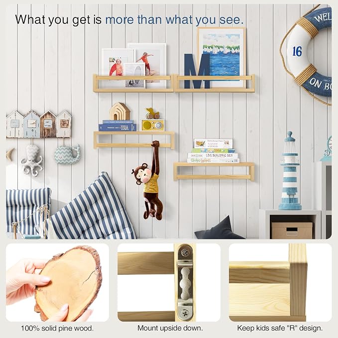 Forbena Natural Wood Nursery Book Shelves Wall Mounted, Floating Bookshelf for Kids Room, Toys and Books Storage Organizer Bookshelves for Toddler Child Bedroom Bathroom (4 Pack Natural Wood) - Image 7