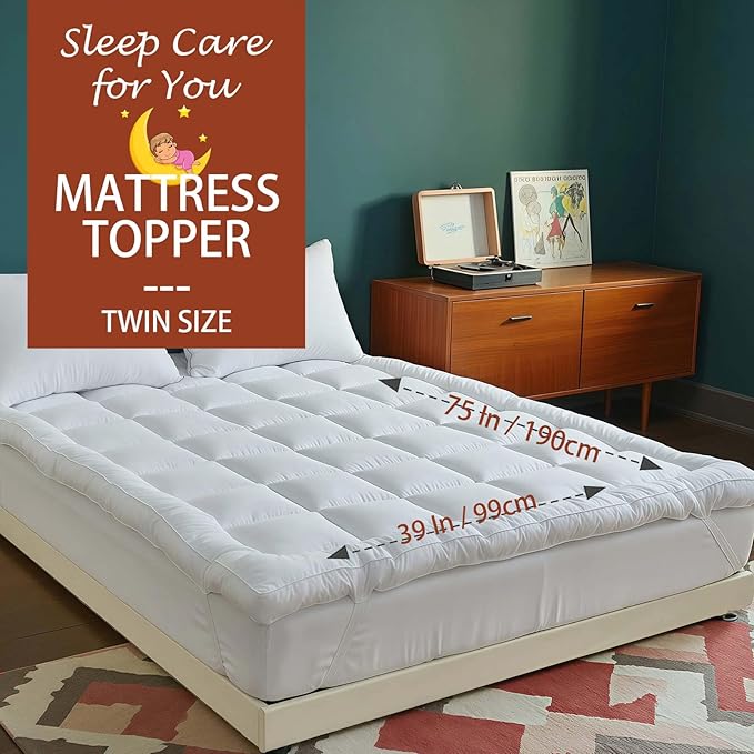 Luxury Hotel Sellected 3 Inch Mattress Topper, Goose-Down-Like Fiber Mattress Topper for Any Season Any Room, Ultra Fluffy and Long-Lasting, Durable, 4 Elastic Bands, Twin