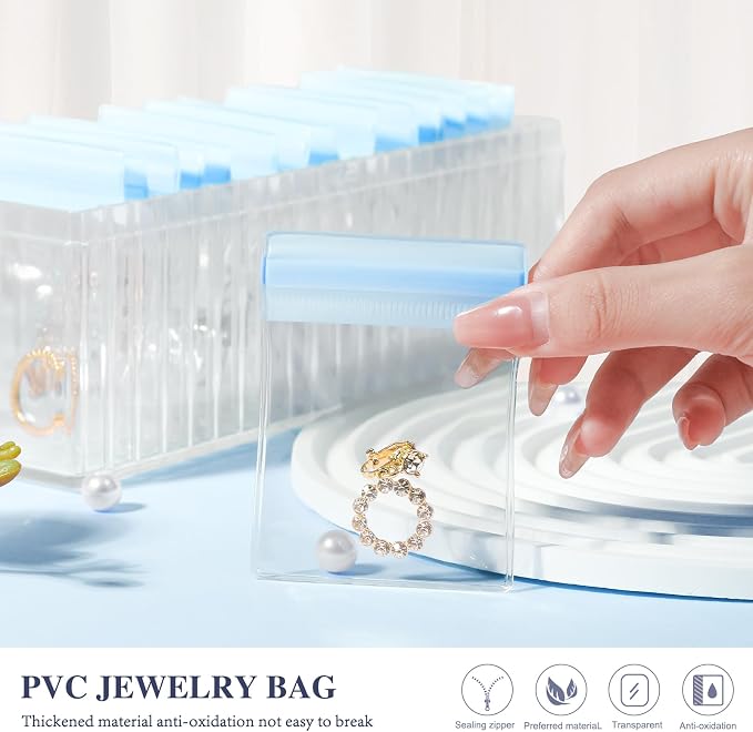 HOMEHIVE Acrylic Jewelry Box Organizer, Clear Jewelry Organizer Holder with 20 Portable Anti Tarnish Jewelry bags, Travel Jewelry Case for Earrings/Rings/Necklaces for Women Girls, Blue - Image 7