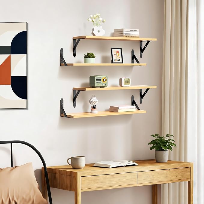 ROMGUAR CRAFT Wood Floating Shelves Set of 4, Rustic Storage Decor Wall Shelves, Wall Mounted Shelf for Living Room, Bedroom 23.6" x 6", Natural - Image 7