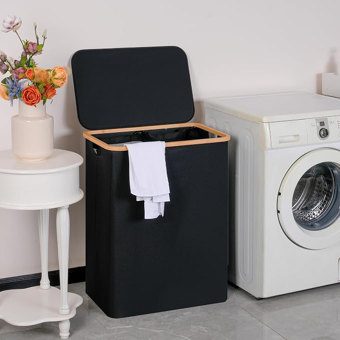 efluky Double Laundry Hamper with Lid, Divided Laundry Hamper with Removable Bags, 2 Section Dirty Clothes Basket with Handles for Bathroom, Bedroom & Laundry Room, 160L Black - Image 5
