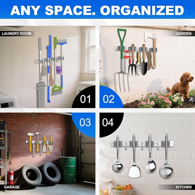 2 Pack Broom Mop Holder Wall Mount, Broom Organizer Mop Hanger Storage Tool Utility Racks Stainless Steel Mop Holder Solid for Home Kitchen Garden Laundry Garage (2, 4 Racks 3 Hooks) - Image 7