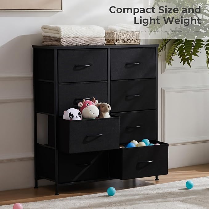 Sweetcrispy Dresser, Dresser for Bedroom Drawer Organizer Storage Drawers, Fabric Storage Tower with 8 Drawers, Chest of Drawers with Steel Frame, Wood Top for Living Room, Closet,Black