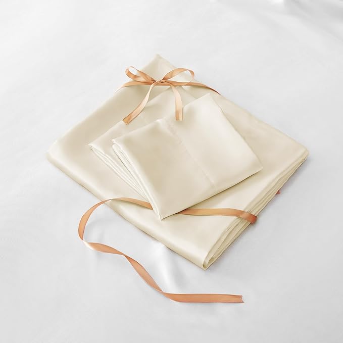BEDELITE Satin Sheets Twin Size Bed Set, Luxury Soft Beige Silky Sheets for Hair and Skin, Similar to Silk Bed Sheets Set 3 Pieces with 1 Deep Pocket Fitted Sheet, 1 Flat Sheet, and 1 Pillowcase