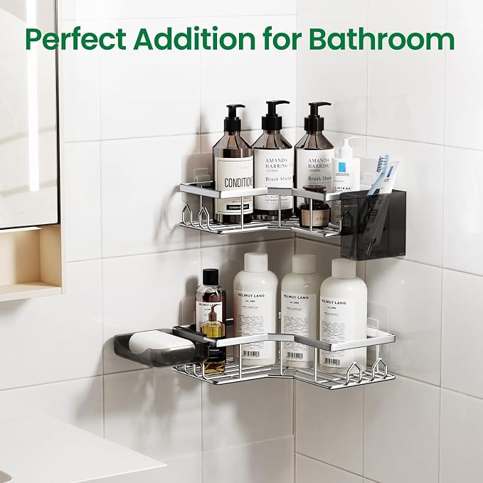Adhesive Shower Caddy, 4 Pack Corner Bath Organizer, Rustproof Stainless Steel Shower Shelves with Large Capacity, No Drilling Shelves for Bathroom Storage, Home, Kitchen Decor (Silver). - Image 7