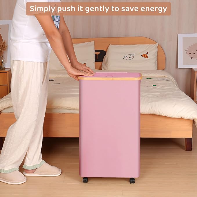 Slim Laundry Basket with Wheels,Narrow Hampers for Laundry,Freestanding Laundry Hamper with Lid&Bamboo Handles,Collapsible & Waterproof Tall Cloth Hamper for Dorm Family(60L Pink) - Image 7