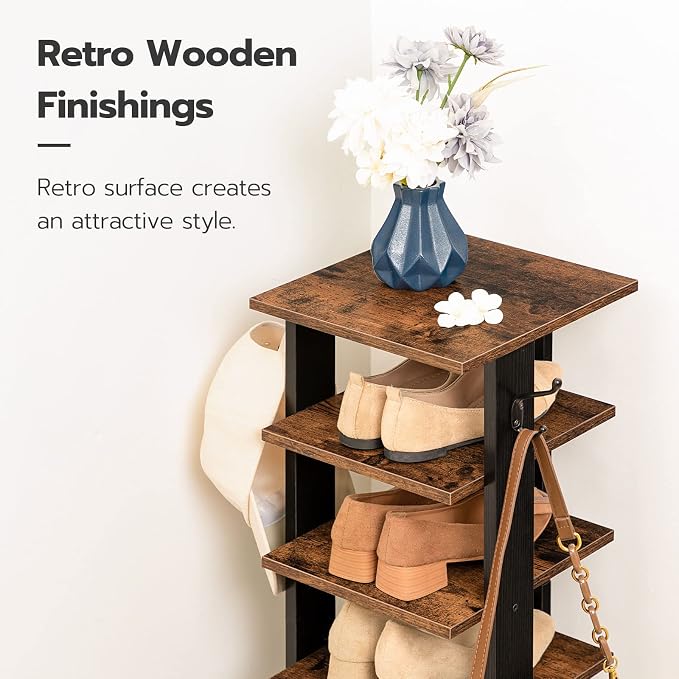 HOOBRO 8 Tiers Vertical Shoe Rack, Wooden Shoe Storage Organizer with Hooks, Narrow Shoe Tower for 8 Pairs, Space Saving, for Entryway, Living Room, Bedroom, Rustic Brown BF07XJ01G1 - Image 9