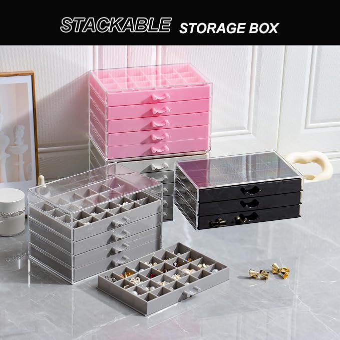 YUFONG Earring Storage Box Organizer 3 Drawers Acrylic Jewelry Storage Box Holder Transparent Jewelry Display Stand with 72 Small Compartments Gift for Women Girls (Black) - Image 7