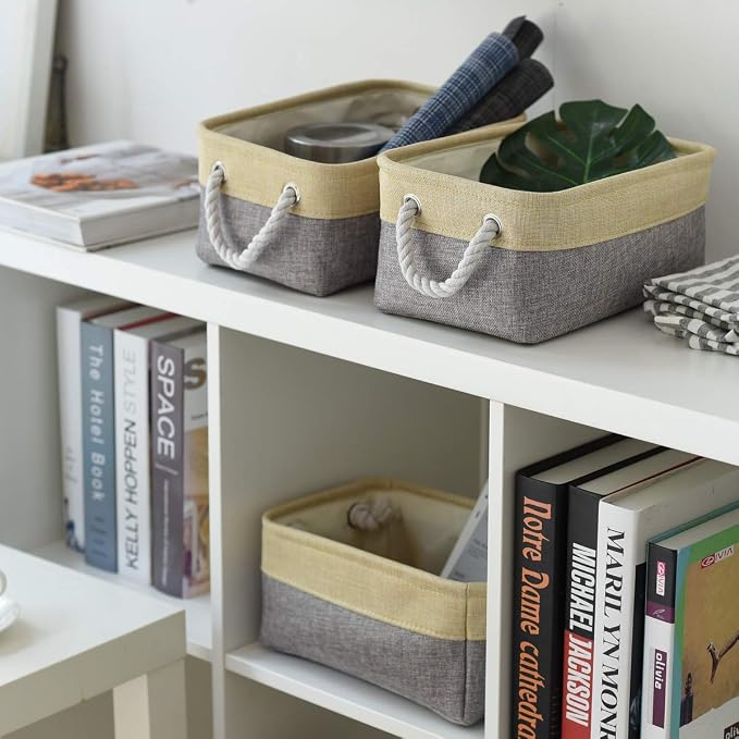 TheWarmHome Storage Bins for Organizing,Sturdy Storage Basket, Decorative Foldable Storage Baskets for Shelves Closet Toy (Gold&Grey Medium - 3 Pack 13.8L×9.8W×6.7H inch) - Image 9