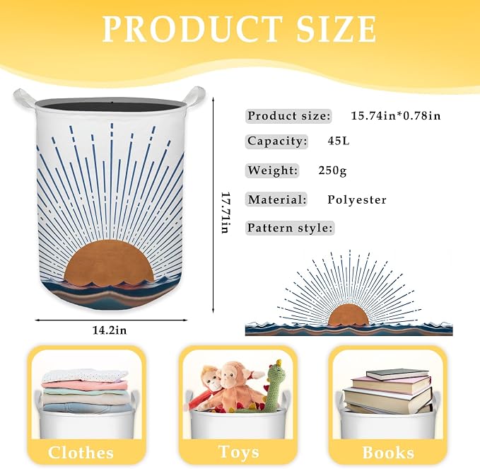 Boho Laundry Basket, Mid Century Modern Boho Terracotta Sun Sea Wave Waterproof Collapsible Laundry Hamper Dirty Clothes Storage Toy Bin Organizer for Bathroom Bedroom Nursery Girls Kids Room - Image 7