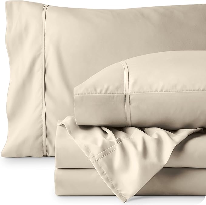 Bare Home Short Queen Sheet Set - 1800 Ultra-Soft Microfiber Bed Sheets - Double Brushed - Deep Pockets - Easy Fit - 4 Piece Set - Bedding Sheets & Pillowcases (Short Queen, Sand)