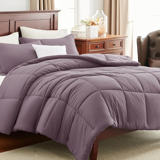 CozyLux King Size Comforter Set - Dusty Purple Comforter King Size, 3 Pieces Box Stitched Bed Set for All Seasons, Soft Lightweight Bedding Sets with 1 Down Alternative Comforter and 2 Pillow Shams