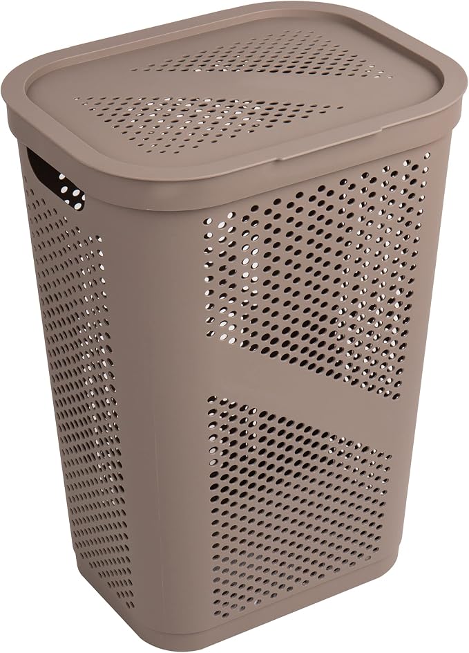 Mind Reader 60L Slim Laundry Hamper, Clothes Basket, Lid, Ventilated, Plastic, Set of 2, Tan - Image 6