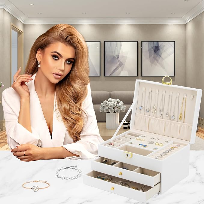 KOOAAICCHI Jewelry Box for Women, 3-Layer Jewelry Organizer, Jewelry Storage Case PU Leather for Earrings, Bracelets, Ring, Necklaces-White - Image 6