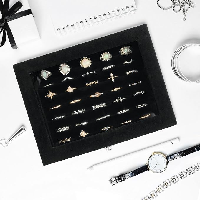 Velvet Ring Organizer Box, 7 Slots Jewelry Holder with Glass Lid Earring Display Tray Storage Case Gift for Women and Girls (Black) - Image 7
