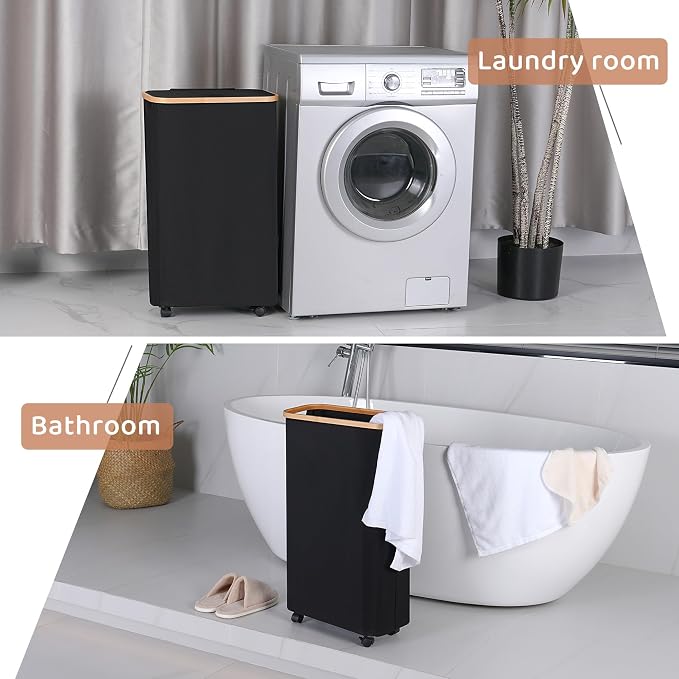 Slim Laundry Basket with Wheels,Narrow Hampers for Laundry,Freestanding Laundry Hamper with Lid&Bamboo Handles,Collapsible & Waterproof Tall Cloth Hamper for Dorm Family(60L Black) - Image 7