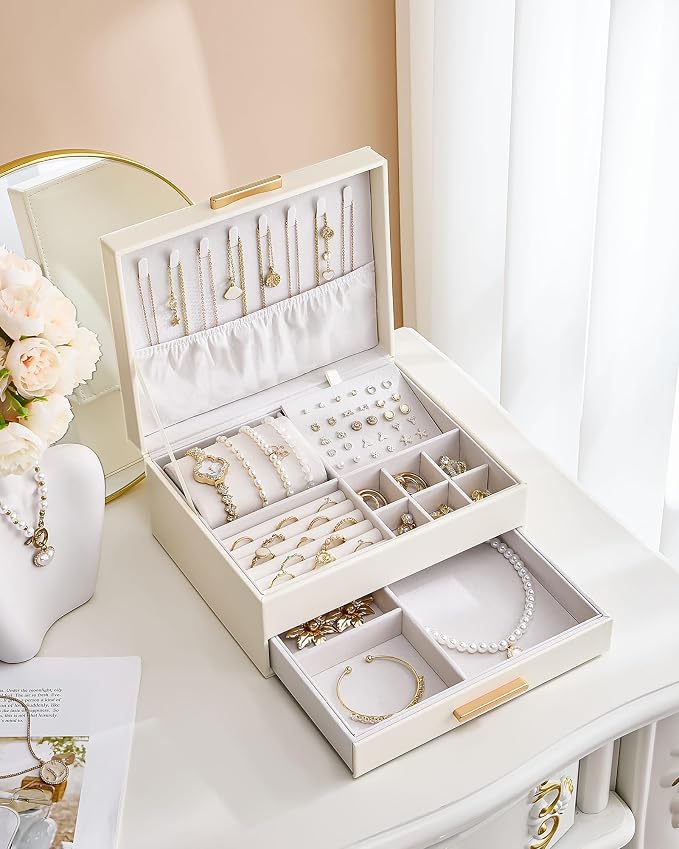 Lolalet 2-Layer Jewelry Box Organizer for Women Girls, Jewelry Storage Case Holder with Drawers for Necklaces Ring Earrings Bracelet Watch, Gifts Choice for Mom Mother’s Day -Beige - Image 8