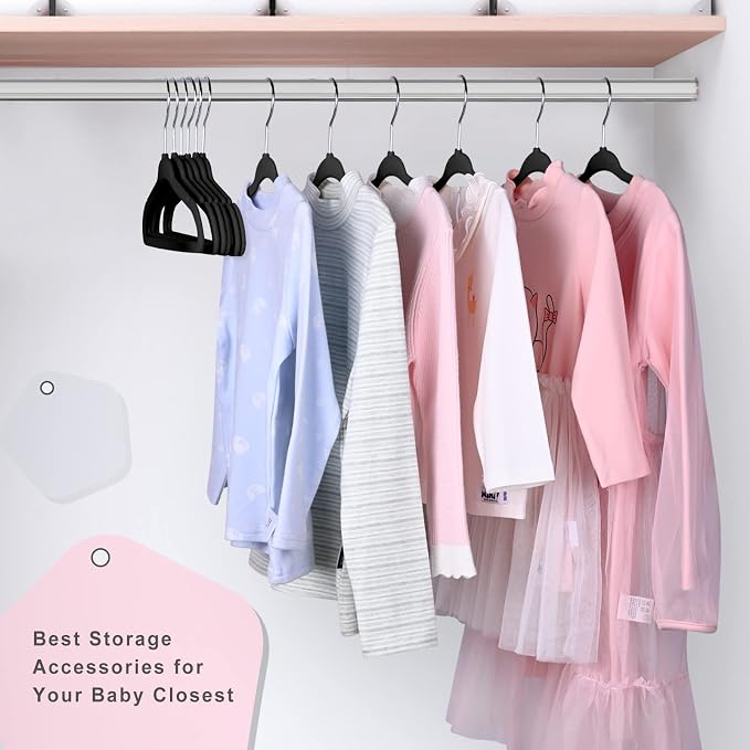 BAGAIL 50 Pack Kids Velvet Hangers 11 Inches Children's Clothes Hangers Non-Slip Baby Hangers for Infant/Toddler (Black) - Image 6