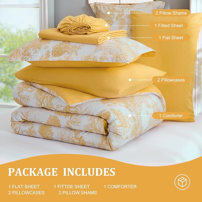 DJY Queen Size Comforter Sets, Yellow Botanical Comforters with Sheets 7 Pieces Bed in a Bag Queen Elegant Plants Print Soft Microfiber Reversible Complete Bedding Sets for All Season