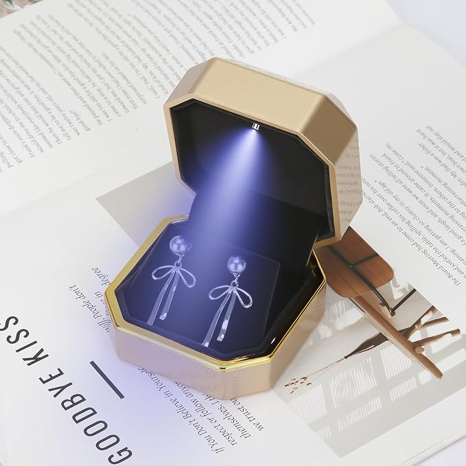 Luxury LED Jewelry Earring Pendant Stud Box, Velvet Earring Necklace Gift Box Storage Case Organizer Holder for Proposal Engagement Wedding Anniversary Birthday Ceremony (Gold) - Image 7