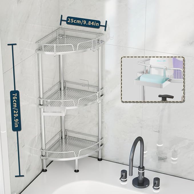 Consumest Corner Shower Caddy Stand - 3 Tier Shower Organizer with Soap Holder, Tall Floor Corner Shelf Standing with Adjustable Feet & 4 Hooks, Storage Rack for Bathroom, Silver - Image 7