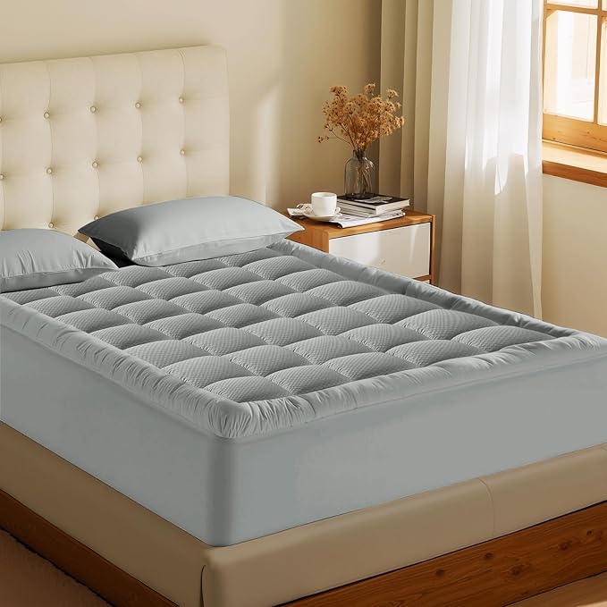 MATBEBY Twin Size Mattress Pad - Cooling Breathable Mattress Topper, Quilted Fitted Mattress Protector, Pillow Top Mattress Cover with 8-21" Deep Pocket, Machine Washable, Light Grey, 39x75 Inches
