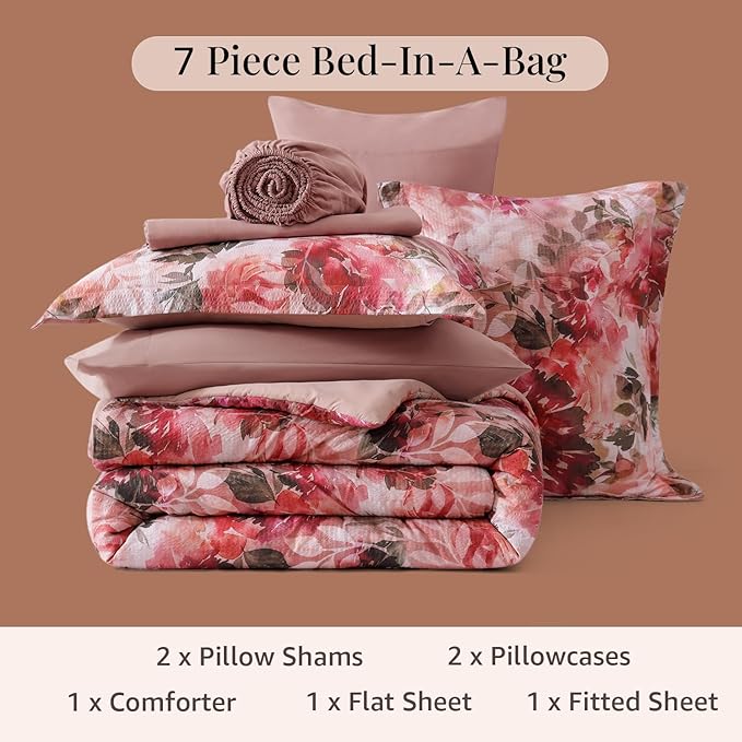 CASAAGUSTO King Comforter Set, 7 PCS Red Rose Floral Comforter Set with Flowers Leaves Pattern, Soft Seersucker Design All Season King Size Bedding Set(102"X90")