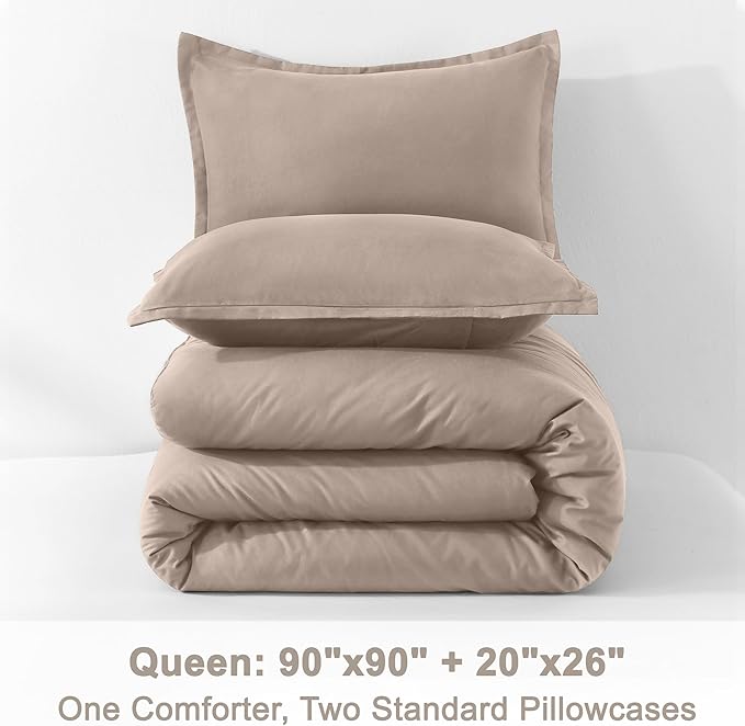 Litanika Light Coffee Comforter Set Queen Size, 3 Pieces Lightweight Solid Bedding Comforter Set, All Season Fluffy Bed Set