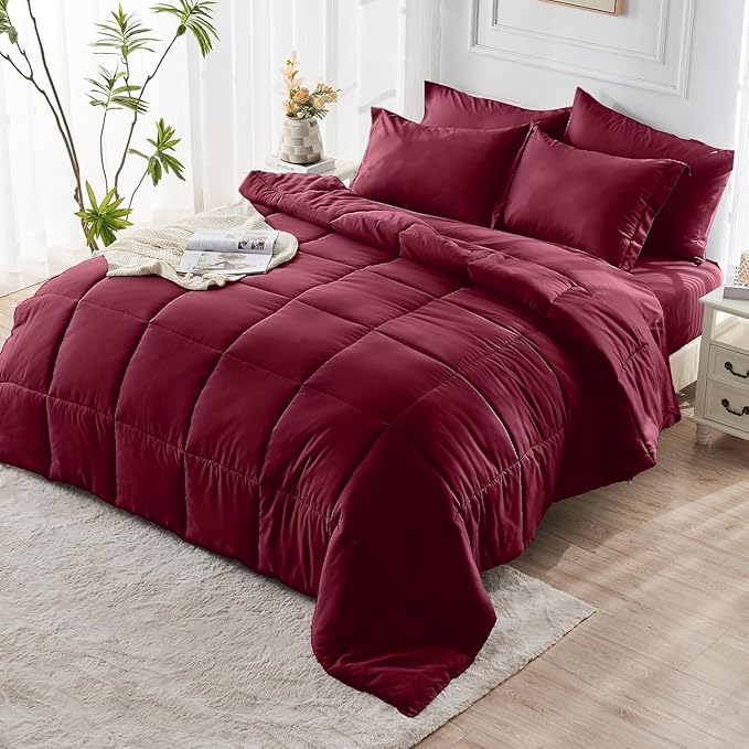 JOLLYVOGUE Twin Comforter Set, Ultra-Soft Bed in a Bag Twin Size 5 Pieces, Oeko-TEX Certified Bedding Set with Down Alternative Comforter, Sheets, Pillowcases & Shams, Burgundy