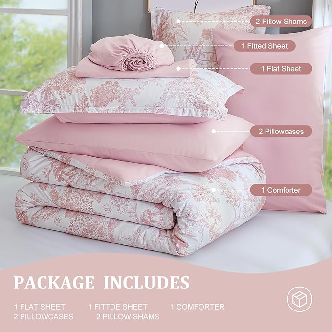 DJY King Size Comforter Set, 7 Pieces Bed in a Bag King Pink Botanical Comforters with Sheets Elegant Plants Print Christmas Soft Microfiber Reversible Complete Bedding Sets for All Season