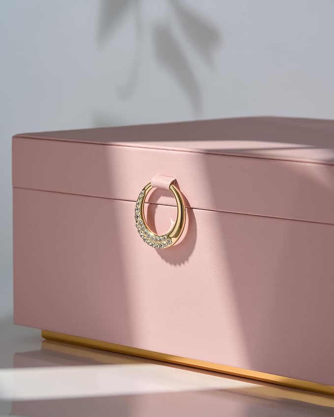 pickpiff 2 Layer Jewelry Box Organizer for Women, Jewelry Organizer with Handle & Removable Tray, Necklace Holder Ring Earring Storage, Velvet Lined Jewelry Case for Home or Travel, Gift Ready, Pink - Image 9