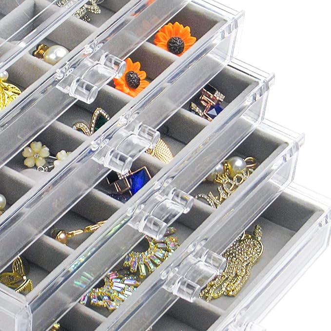 Watpot Acrylic Jewelry Box with 5 Drawers, Clear Earring Storage Organizer Display Case for Women Girls, Gray - Image 6