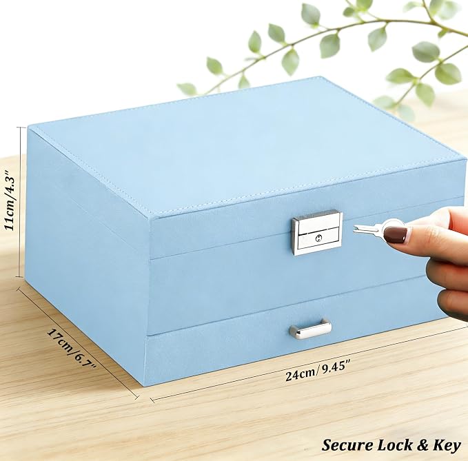 QBestry 3-Layer Jewelry Box for Girls & Teens with Lock and Key, Large Jewelry Organizer with 8 Necklace Hooks & 56 Earring Holes, Blue Velvet Jewelry Storage Box for Necklaces Earrings Rings Bracelet - Image 9