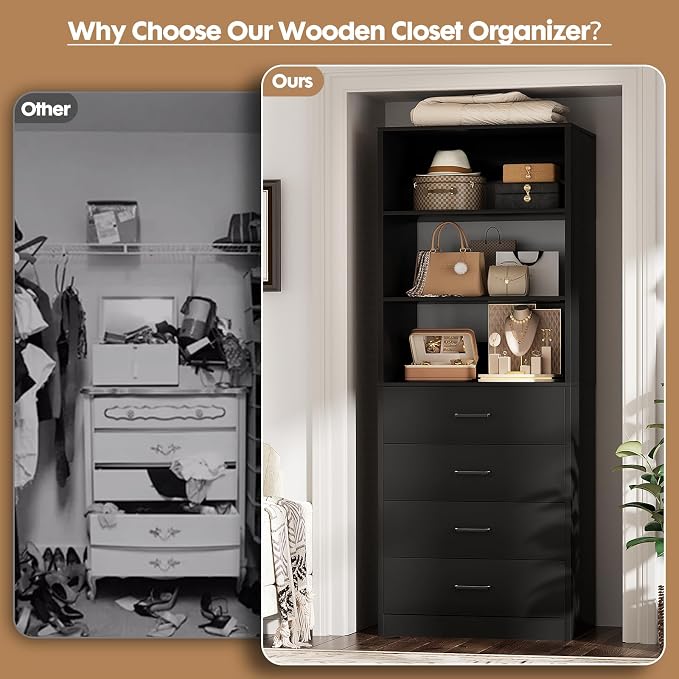 Aheaplus Closet Drawers System, 21.3" Wood Closet Organizer System with 4 Drawers, Modular Walk-in Closet System Storage Unit, Small Closets Wardrobe Rack, Tall Storage Cabinet Unit, Black - Image 7