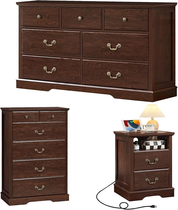 Farmhouse Dressers & Night Stand Set of 4,54" Wide 7 Drawer Dresser & 45" Tall Chest of Drawers, 24" Wide 2 Drawers End Table with Charging Station,Furniture Dresser Sets for Home