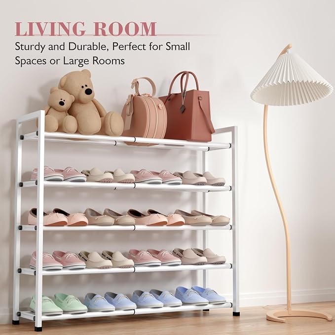 Bumusty 5-Tier Expandable Shoe Rack for Closet, 18“-33” Adjustable Shoe Rack for Small Space, Small Shoe Organizer for Front Door, Sturdy Metal (White) - Image 6