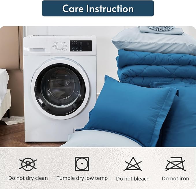 MUXHOMO 7 Pieces Full Comforter Set, Reversible Bed in a Bag Full Size, All Season Bedding Set with Comforter, Flat Sheet, Fitted Sheet, Pillowcases & Shams, Teal & Lake Blue